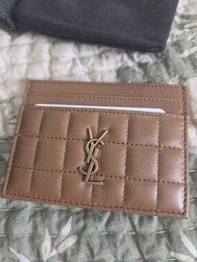 Saint Laurent Brown Quilted Leather Card Holder with Gold YSL Emblem